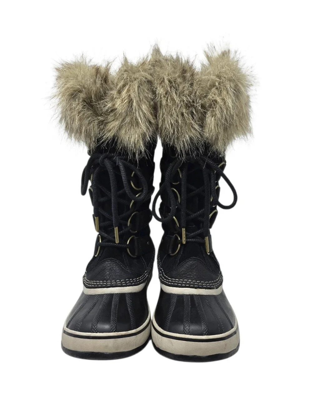 Sorel Joan Of Arctic Winter Boots Faux Fur Trim Lining Black & Tan Women's 8